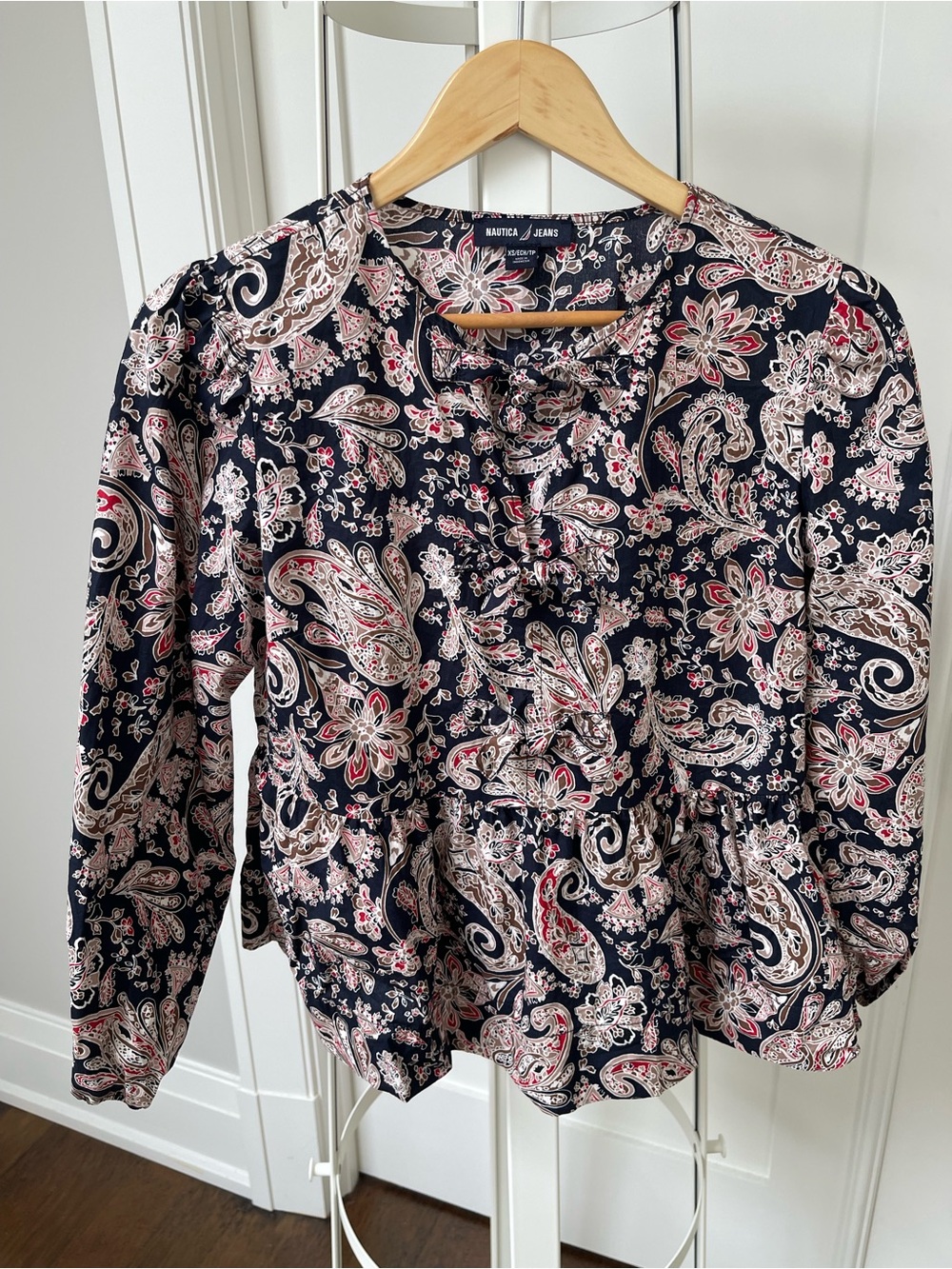Nautica Navy Paisley Long-Sleeve Ruffle Blouse